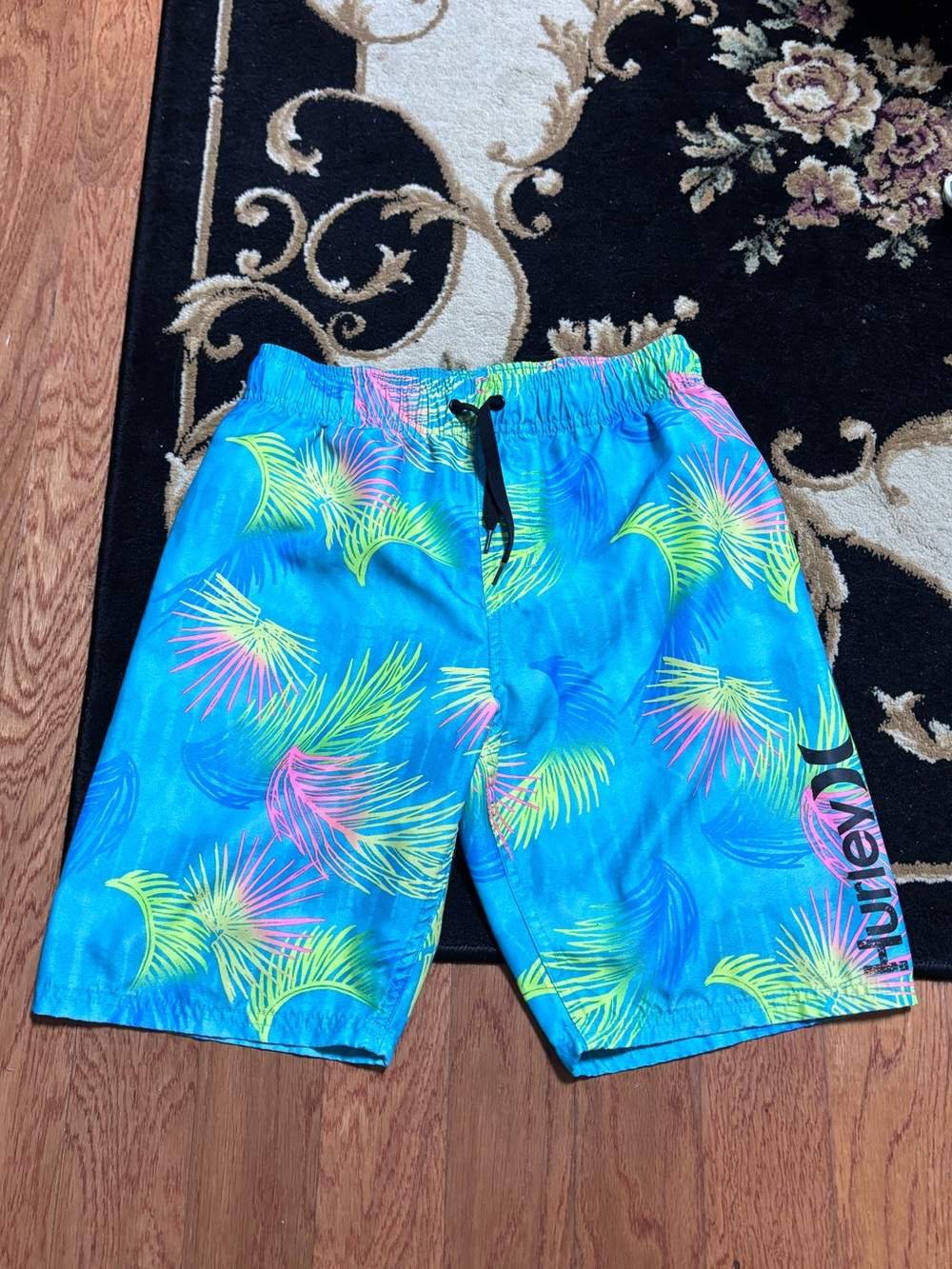 Hurley Turquoise Tropical Print Swim Shorts with Neon Accents